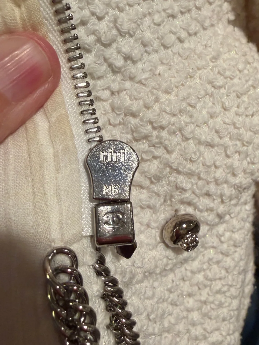 CHANEL Cream Bouclé Zip Jacket with Four Pockets